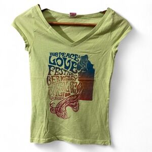 Hollister Peace & Love Festival Tee M Green‎ V-Neck Graphic Y2K Hippie Boho Top